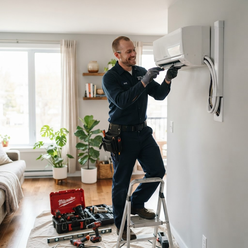 Técnico de Blue Air instalando un split en una vivienda de Madrid